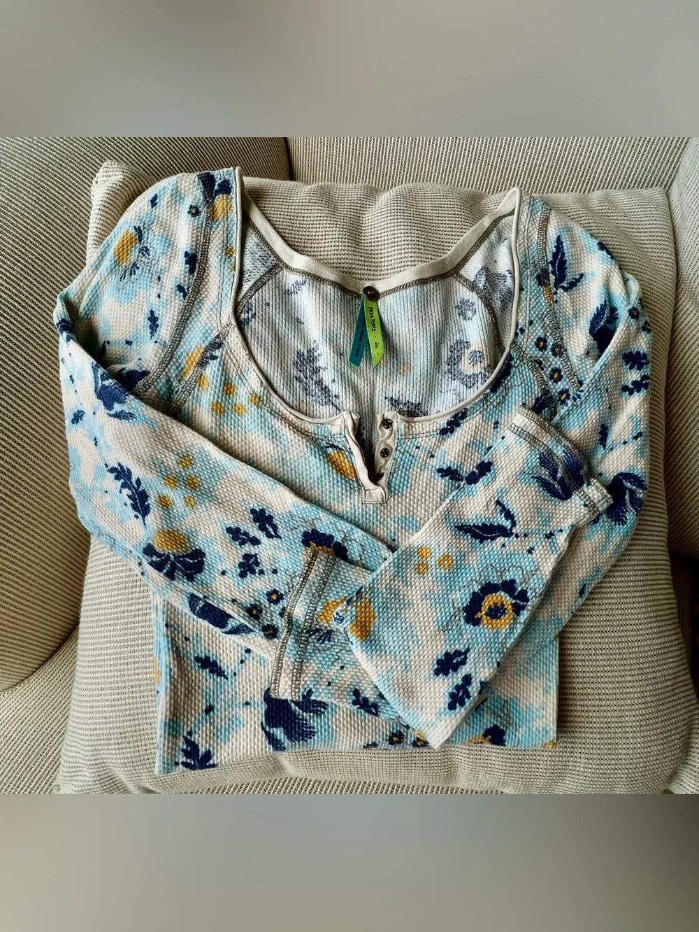 Free People Floral Long-Sleeve Waffle Texture Slim Fit NWOT
